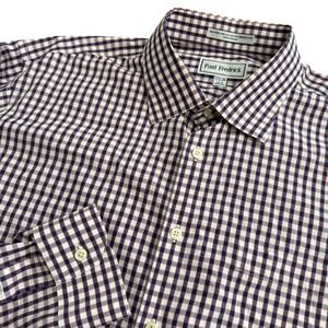 Paul Fredrick Mens 17.5 34 Trim Fit Non-Iron Cotton Broadcloth Check Dress Shirt